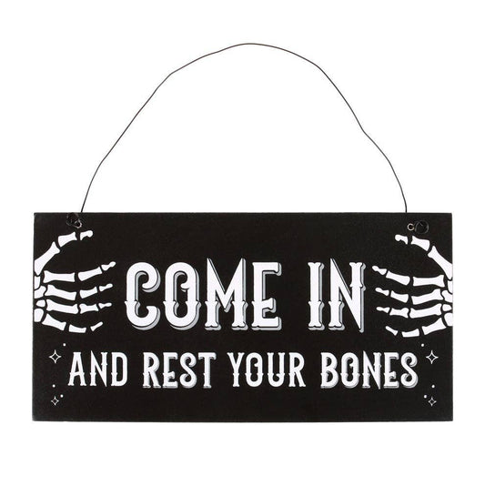 Gothic Halloween Come In and Rest Your Bones Hanging Sign